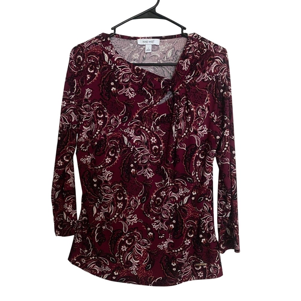 Nine West Bohemian Burgundy Paisley Print Long Sleeve Top Womens Size S